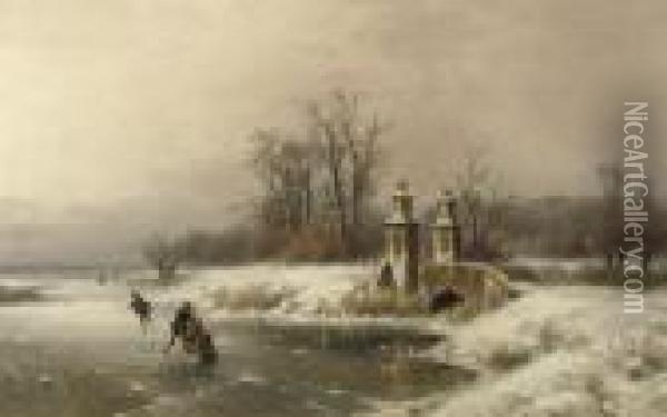 Een Wintergezicht: Skaters On The Ice Oil Painting - Lodewijk Johannes Kleijn
