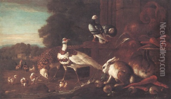 Farmyard Animals Feeding Beside A Fountain In The Shape Of A Fish Oil Painting - Pieter Casteels III