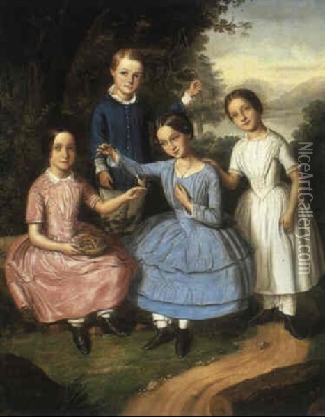 Children Feeding Fledglings In A Nest Oil Painting - Ferenc Mucke