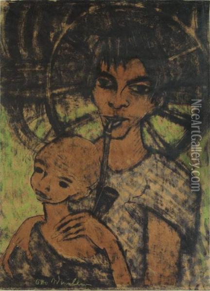 Zigeunermadonna - Zigeunerin Mit Kind Vor Wagenrad Oil Painting - Otto Mueller