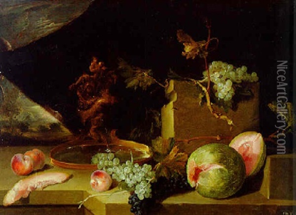Melons, Grapes And Peaches On A Stone Plinth Beside A Fountain, A Landscape Beyond Oil Painting - Bartolome Montalvo