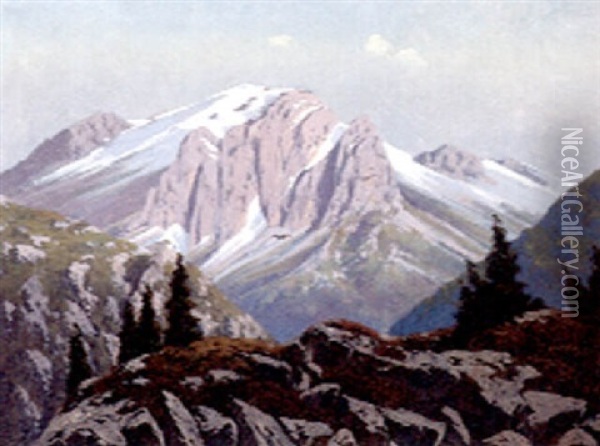 Blick Auf Die Marmolada In Den Dolomiten Oil Painting - Ernest de Landerset