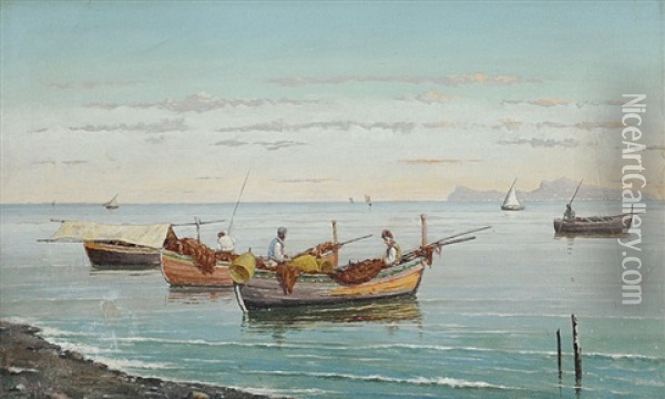 Marina Con Pescatori Oil Painting - Vittorio Capessiero