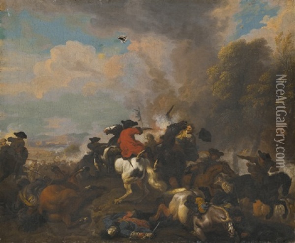 Cavalry Battle Scene Oil Painting - Jan van Huchtenburg