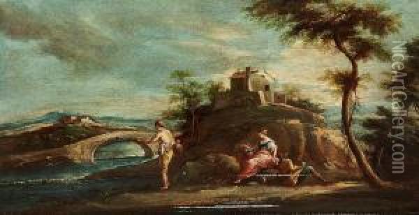 Ascribed To: Figures In A River Landscape Oil Painting - Bartolomeo Pedon