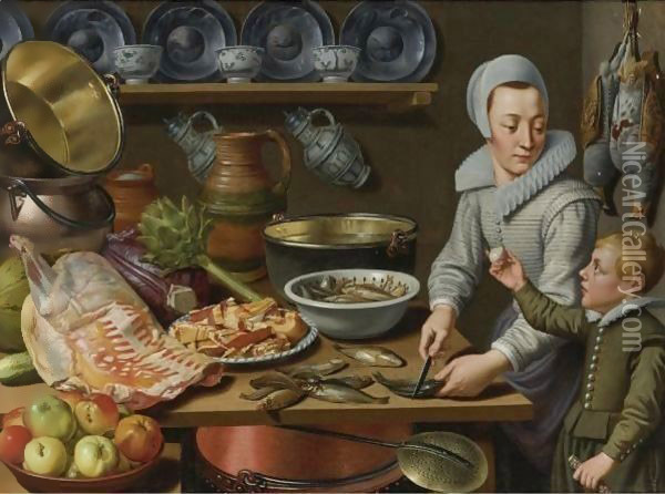 A Kitchen Interior Oil Painting - Floris Gerritsz. van Schooten