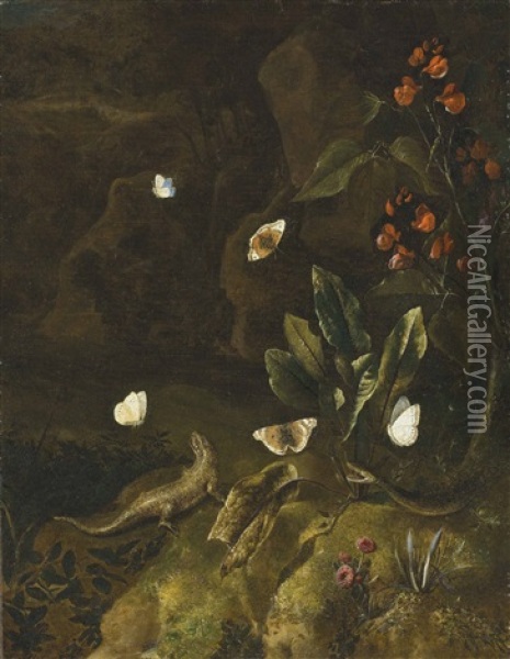 A Forest Floor With A Lizard, A Snake, Butterflies And A Bleeding Heart Oil Painting - Isac Vromans