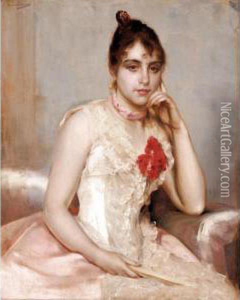 Young Girl In A Pink Dress Oil Painting - Charles Hermans