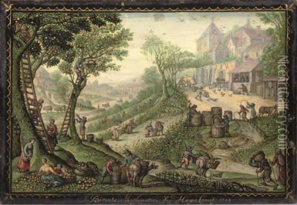 Peasants Harvesting And Gathering Apples From Trees In A Hilly Landscape Oil Painting - Jacob Berents