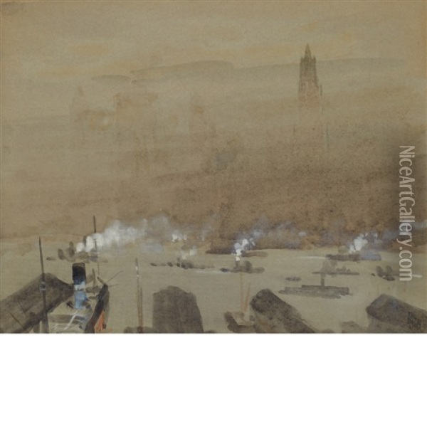 New York Harbor With A View Of Saint John The Divine Oil Painting - Joseph Pennell