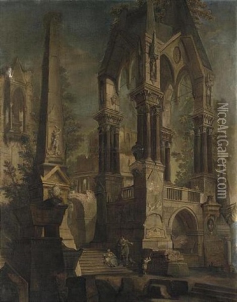 Veduta Fantastica Con Tombe E Grande Monumento Goticheggiante Oil Painting - Pietro Paltronieri