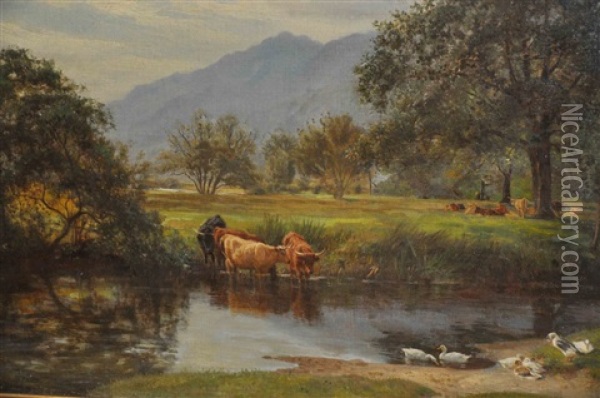 On The Falloch, Ben Vorlich, With Cattle Watering And Ducks In Foreground Oil Painting - Basil Bradley