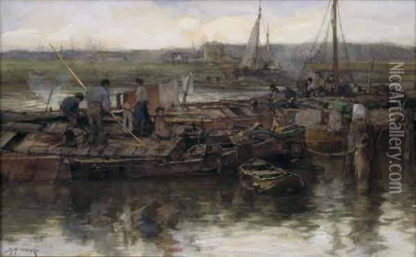 Moored Boats Oil Painting - Johann Hendrik Van Mastenbroek
