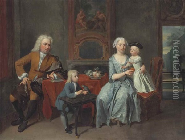 A Family Portrait Of A Gentleman, His Wife Handing An Apple To The Daughter And Their Son Feeding A Parrot In An Interior, A Park Beyond Oil Painting - Nicholaas Verkolye