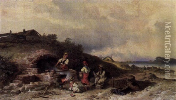 Zigeunerfamilie Bei Einer Feuerstelle Bei Der Vorbereitung Einer Fischmahlzeit Oil Painting - Pal (Paul) Boehm