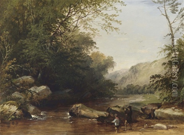 Anglers On A River (+ Gypsy Encampment; 2 Works) Oil Painting - Henry John Boddington