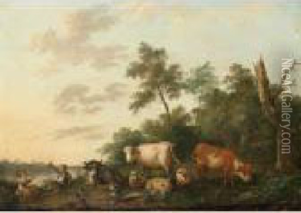 A Landscape With Shepherds And Their Herd Resting Near A River; An Italianate Landscape With Shepherds And A Child Resting Together With Their Herd Oil Painting - Franciscus Xaverius Xavery