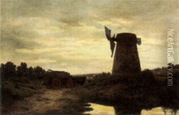 The Old Windmill Near Heswell, Cheshire, Evening Near West Kirkby Oil Painting - Peter Ghent