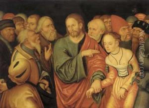 Christ And The Adulteress Oil Painting - Lucas The Younger Cranach