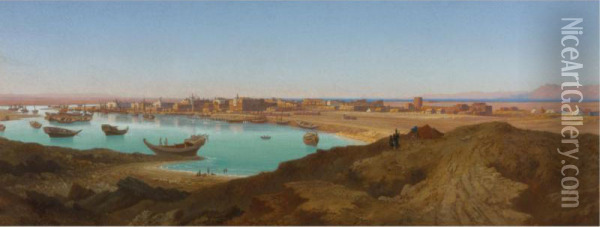 Arrival Of A Train At A Port, Egypt Oil Painting - Albert Berg