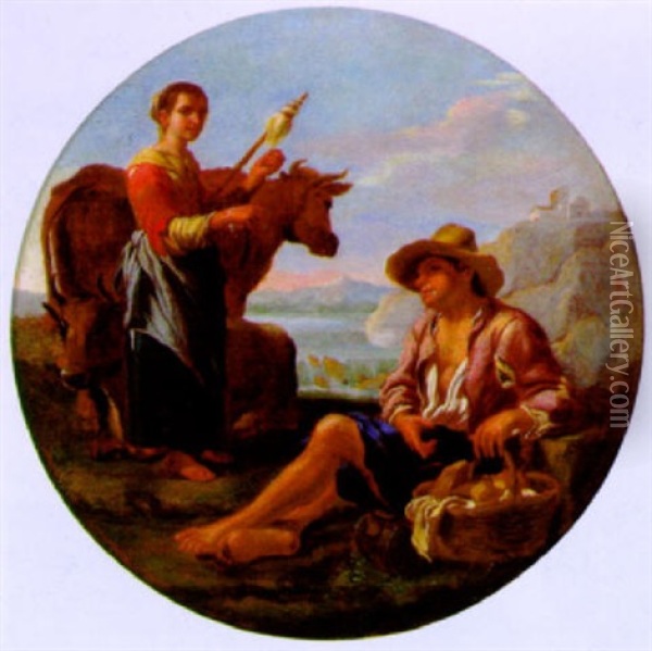 Hirtin Und Hirt In Einer Landschaft Oil Painting - Michelangelo Cerquozzi