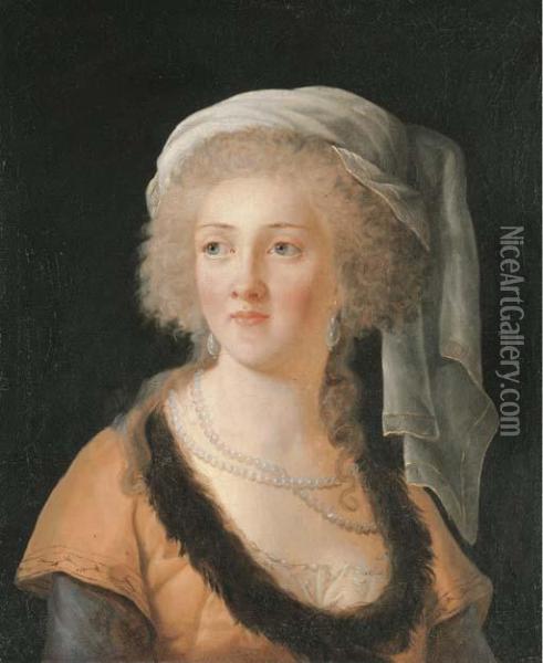 Portrait Of A Lady, Bust-length,
 In A Fur-lined Orange Dress, With A Pearl Necklace And A White Turban Oil Painting - Elisabeth Vigee-Lebrun