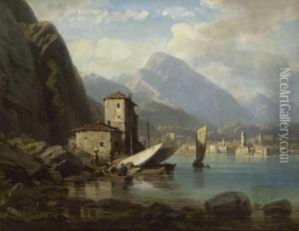 Italienischer Gebirgssee Mit Fischern Oil Painting - August Seidel