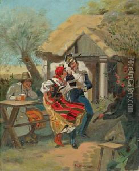 Scena Z Dziewczyna I Ulanem Przed Karczma Oil Painting - Jan Czeslaw Moniuszko