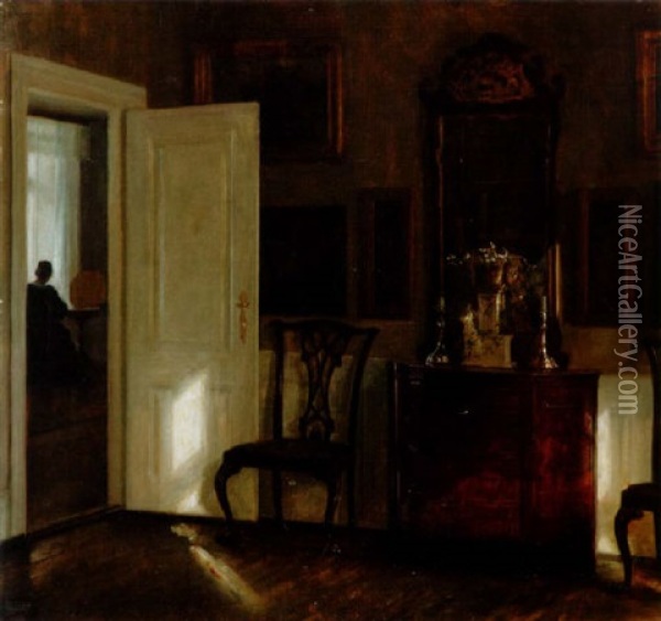 Interior Med Syende Kvinna Oil Painting - Carl Vilhelm Holsoe