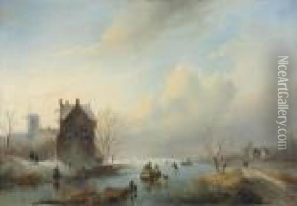 A Frozen Winter Landscape Oil Painting - Jan Jacob Coenraad Spohler