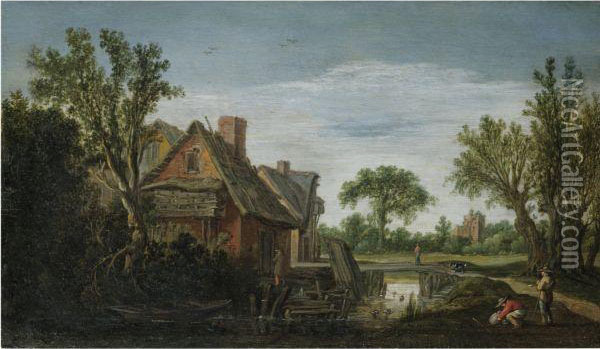 A Wooded River Landscape With 
Figures On A Path On A River Bankbeside A Village, A Bridge Beyond Oil Painting - Esaias Van De Velde