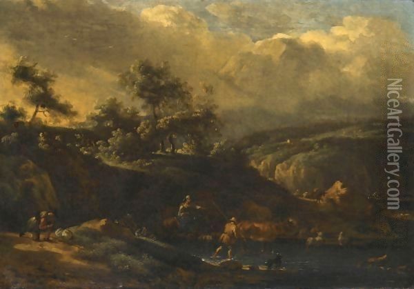 An Italianate Landscape With Shepherds Crossing A Stream With Their Flock Oil Painting - Jan van der the Younger Meer
