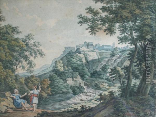 Two Classical Figures In An Italianate Landscape, A Distant Town Beyond Oil Painting - John Glover