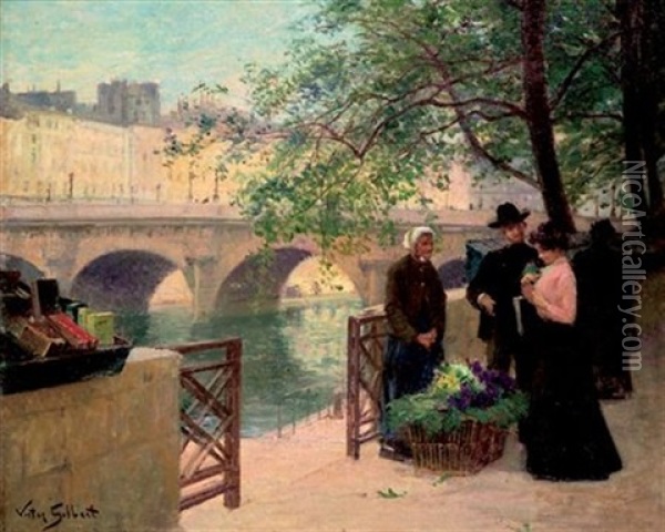 La Marchande De Fleurs Sous Le Pont Du Louvre Oil Painting - Victor Gabriel Gilbert