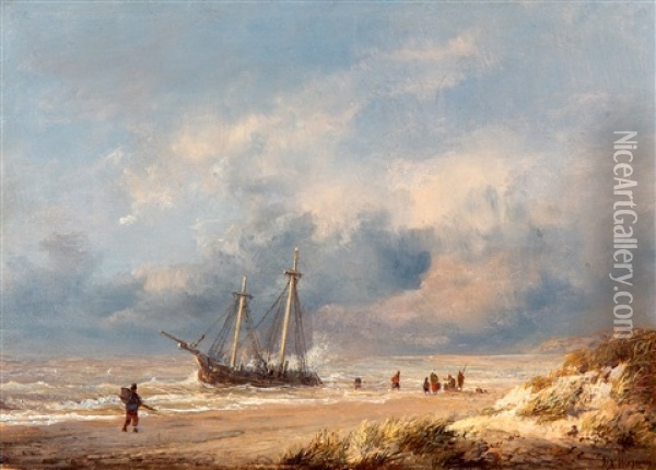 Fishermen And Boat At The Beach Oil Painting - Wilhelm Georg Wagner
