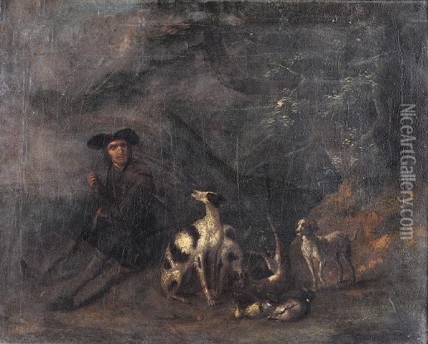 A Huntsman With His Dogs In A Landscape Oil Painting - Adriaen Cornelisz. Beeldemaker