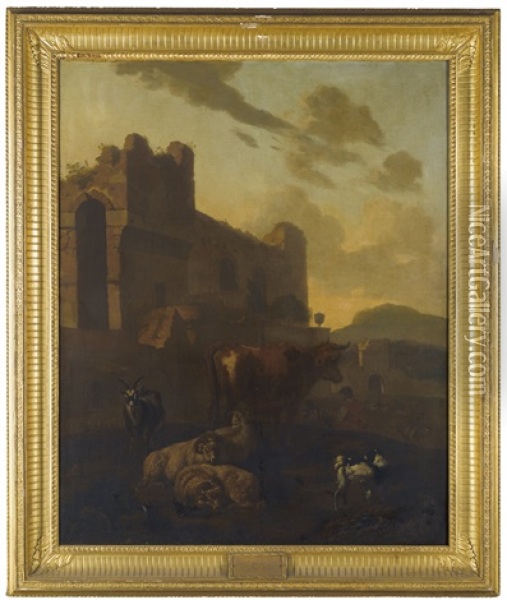 Cows And Sheep At Rest Beside Classical Ruins Oil Painting - Jacob van der Does the Elder