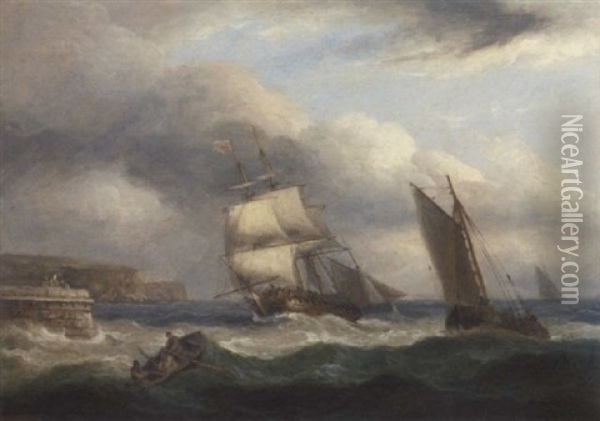 An English Frigate With A Pilot Jack At Her Masthead, Running Into Port Ahead Of The Storm Oil Painting - Thomas Luny