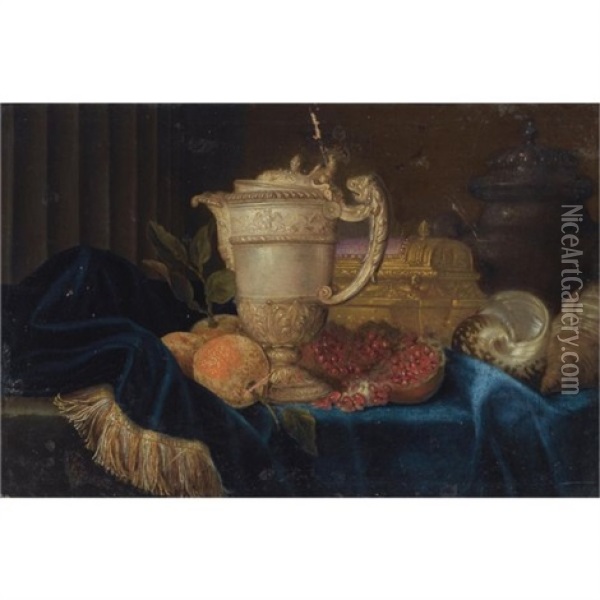 A Still Life With An Ornate Silver Gilt Ewer, A Silver Gilt Jewellery Casket, Shells, Oranges And A Pomegranate, All Arranged On A Partly Draped Stone Ledge Oil Painting - Meiffren Conte