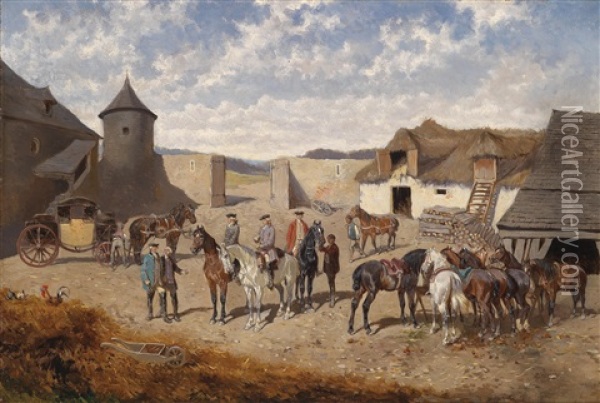 Pferdewechsel Am Gutshof Oil Painting - Alexander Ritter Von Bensa