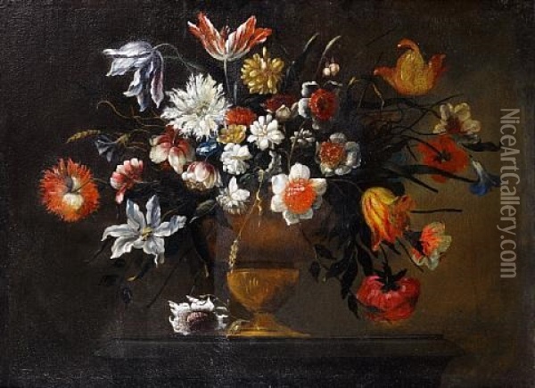 Tulips, Chrysanthemums, Convolvulus, And Other Flowers In A Bronze Urn On A Stone Plinth Oil Painting - Jose De Arellano