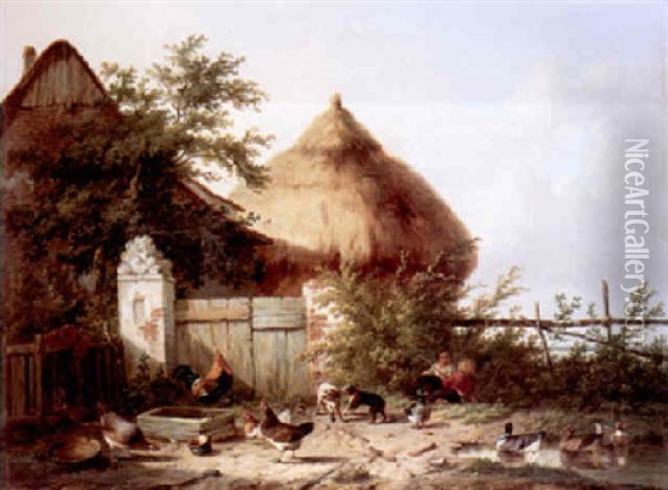 Figures With Dogs And Poultry Before Farm Buildings Oil Painting - Cornelis van Leemputten