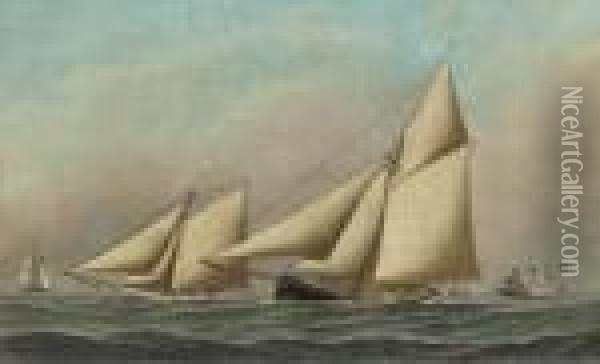 Mayflower And Galatea Neck And Neck During The America's Cup Raceof 1886; The First Race Oil Painting - Antonio Nicolo Gasparo Jacobsen