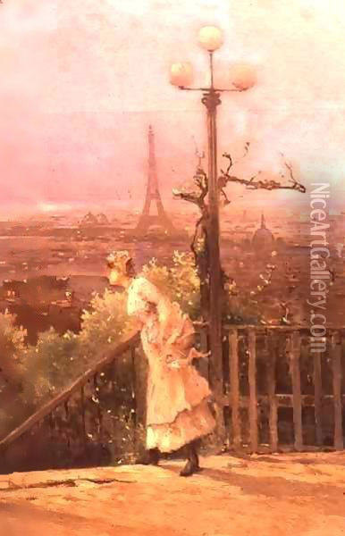 Paris seen from the heights of Montmartre 3 Oil Painting - Jean D'Alheim