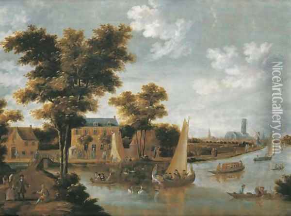 A view of the Zwaenseiland and the river Zwaenhals, Rotterdam, the St. Laurenskerk beyond Oil Painting - Thomas Heeremans