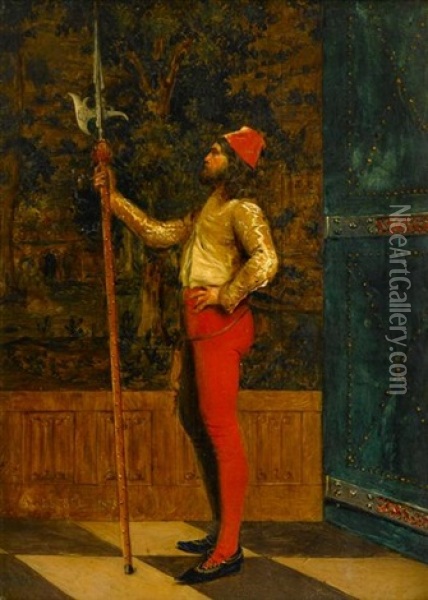 Cavalier On Guard Oil Painting - Adolphe Alexandre Lesrel