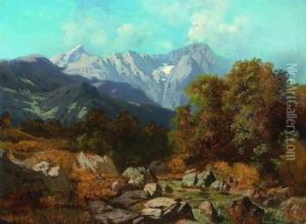 Blick Auf Das Wettersteingebirge
 Mit Der Zugspitze. Oil Painting - Ludwig Correggio
