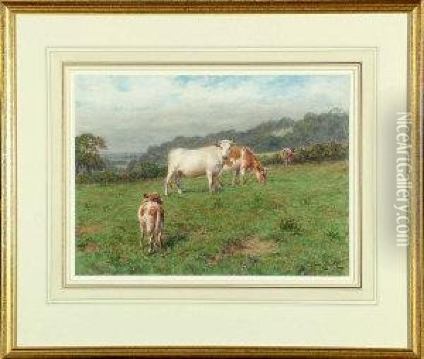 Cattle And A Young Calf In A Meadow Oil Painting - Joseph Dixon Clark