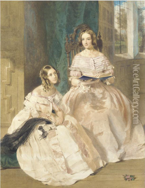 Portrait Of Mary Frances Keeble Coleridge (1824-1898) And Her Sister Alethea Buchanan Coleridge (1826-1909) Oil Painting - W. H. Louisa Hawkins