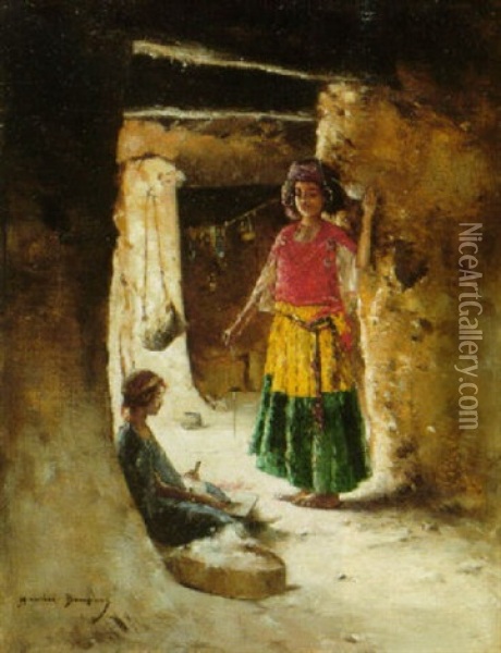 Les Fileuses, Sud Algerien Oil Painting - Maurice Bompard